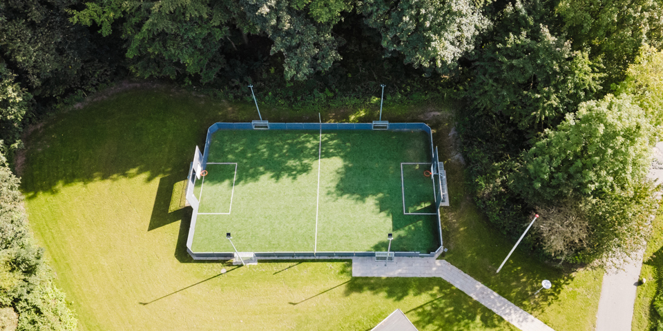 Dronebillede af Ungehuset Røjleskov og omgivelser